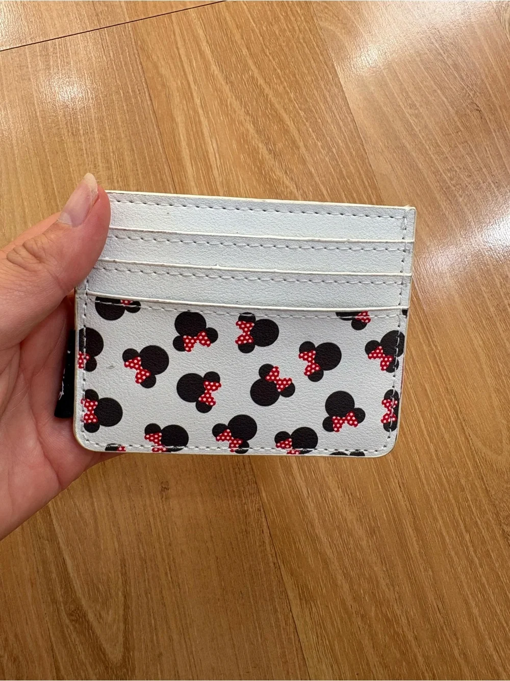 Loungefly White Minnie Mouse Card Holder with Black Silhouettes and Red Bows